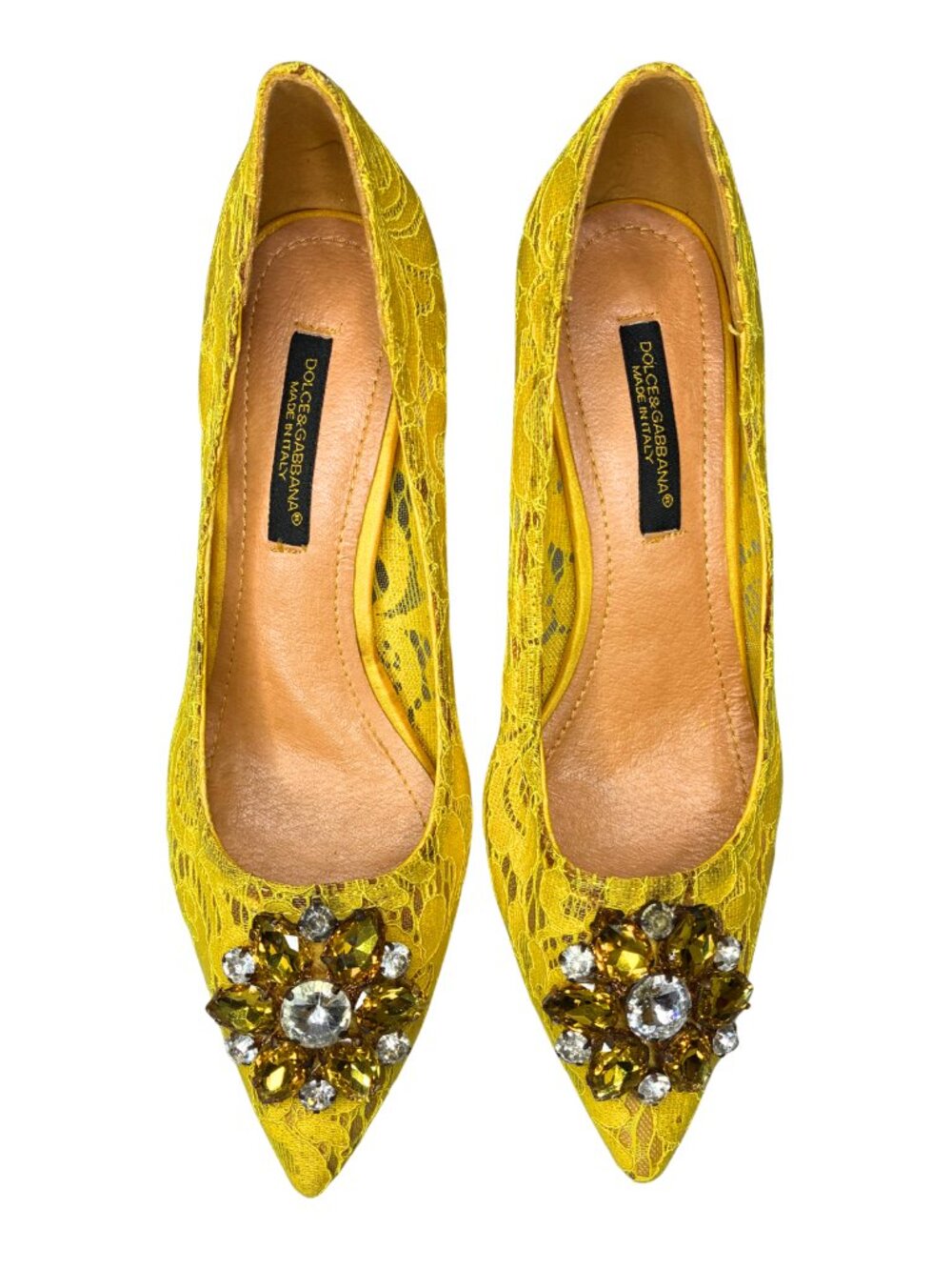 Dolce & Gabbana Yellow Lace Crystal Brooch Kitten Heel Pumps EU 38 (US 8)